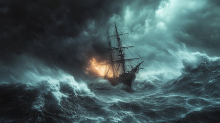 A tall ship is engulfed in turbulent waves, struggling against a violent storm as flames erupt from its hull. The chaotic skies reflect the intense battle for survival on the ocean.の素材