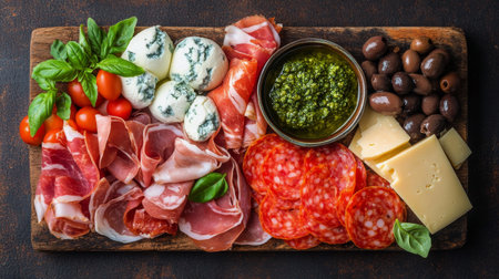 A charcuterie board displays an assortment of cured meats, cheeses, olives, and cherry tomatoes, accompanied by fresh basil leaves and topped with pesto, perfect for entertaining guests.の素材