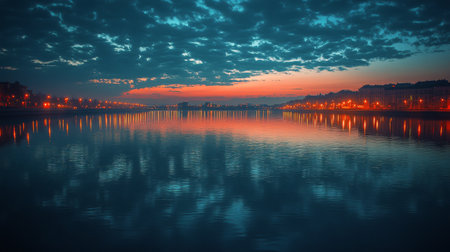 A full moon illuminates the sky, casting bright reflections on the still surface of a lake. The distant city skyline glows with warm lights, creating a tranquil nighttime atmosphere.の素材