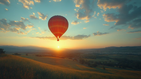 A vibrant hot air balloon floats gracefully above a tranquil countryside landscape as the sun sets, casting warm hues across the horizon and illuminating the surrounding trees and hills.の素材