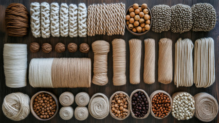 Various craft supplies are neatly arranged on a white surface, showcasing balls of yarn, wooden beads, and bundles of twine, all illuminated by natural daylight, ideal for artistic endeavors.の素材