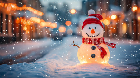 A smiling snowman adorned with a red and white striped scarf and a carrot nose greets visitors in a snowy village. Soft snowflakes fall gently, creating a festive atmosphere.の素材
