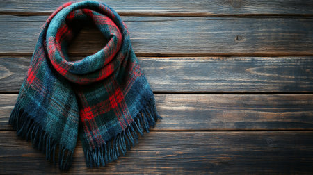 A warm plaid scarf in red and black rests on a textured wooden tabletop, showing its stylish design and inviting warmth, perfect for chilly autumn or winter days.の素材