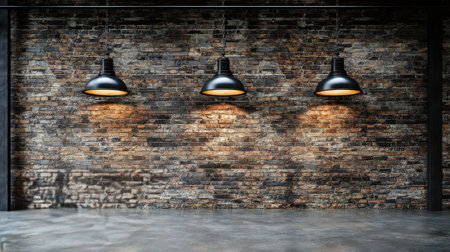 Three sleek black pendant lights illuminate a textured brick wall, creating a warm and inviting atmosphere in a contemporary setting with polished concrete flooring.の素材