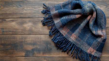 A warm plaid scarf in red and black rests on a textured wooden tabletop, showing its stylish design and inviting warmth, perfect for chilly autumn or winter days.の素材