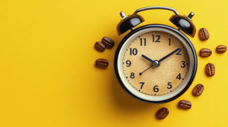 A round clock with a bright yellow face rests on a saucer of the same color, creating a cheerful and modern look that brightens the environment and emphasizes simplicity and style.の素材