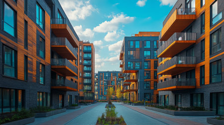 Brightly colored buildings featuring striking red, orange, and blue facades stand tall against a cloudy sky. Lush green trees frame the vibrant structures, creating a lively urban atmosphere.の素材