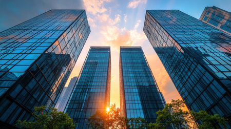 Brightly colored buildings featuring striking red, orange, and blue facades stand tall against a cloudy sky. Lush green trees frame the vibrant structures, creating a lively urban atmosphere.の素材