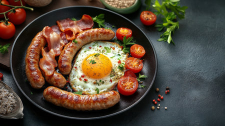 A hearty breakfast consists of a perfectly fried egg topped with black pepper, surrounded by crispy bacon, sausage links, and ripe cherry tomatoes. Fresh basil adds a vibrant touch.の素材