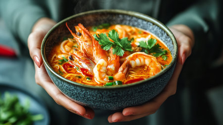 A person holds a bowl filled with seafood pasta featuring shrimp, calamari, and cherry tomatoes, garnished with fresh herbs, in a vibrant restaurant setting.の素材