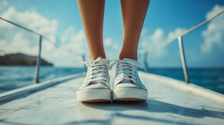 A person relaxes at the bow of a boat, showcasing their yellow sneakers while overlooking the serene blue water under a clear sky, enjoying a peaceful day on the water.の素材