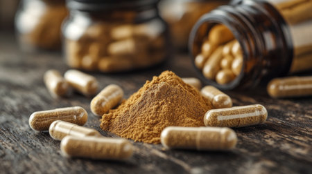 Various herbal capsules are spread around a wooden platter, featuring a bowl filled with herbal powder and surrounded by fresh green leaves and flowers in soft natural lighting.の素材