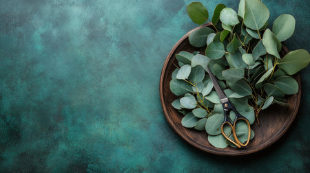 A circular wooden plate sits on a teal surface surrounded by fresh eucalyptus leaves and small branches, with scissors placed nearby for crafting or arrangement activities.の素材