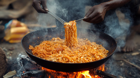 Hands skillfully lift steaming noodles from a large pan above a roaring fire, creating a hearty meal in a rustic outdoor kitchen surrounded by nature during sunset.の素材