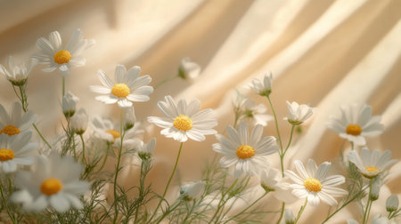 A cluster of white daisies with bright yellow centers blooms softly against a warm, textured fabric background. The gentle afternoon light enhances the delicate petals and greenery surrounding them.の素材