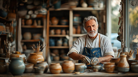 An elderly artisan carefully paints intricate designs on fresh pottery in his rustic workshop, surrounded by tools and artistic creations, highlighting his dedication to traditional craftsmanship.の素材