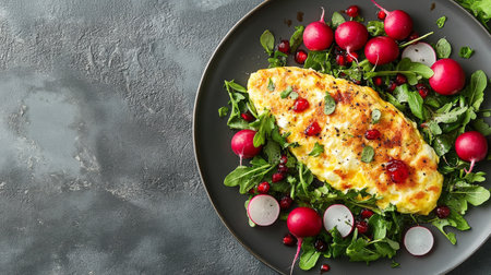 A vibrant omelet, cooked to a golden brown, sits elegantly on a black plate alongside a fresh salad featuring crisp greens and sliced radishes, perfect for a nutritious meal.の素材
