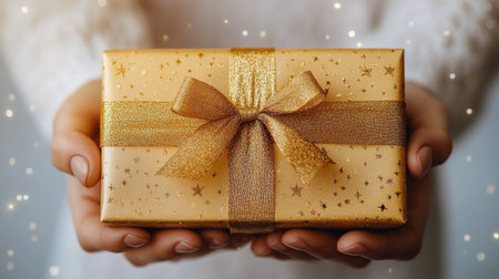 Hands gently cradle a beautifully wrapped golden gift box, adorned with an elegant ribbon, symbolizing joy and celebration for a special event or holiday.の素材