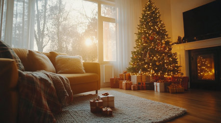 A beautifully decorated living room features a large Christmas tree adorned with ornaments and twinkling lights. The cozy sofa is accessorized with pillows and a blanket, creating a warm atmosphere.の素材
