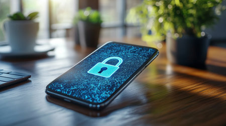 A smartphone lies on a reflective surface, showcasing a bright padlock symbol on its screen amidst a dimly lit background filled with colorful bokeh lights.の素材