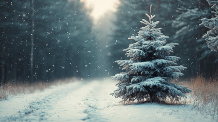A solitary Christmas tree stands in a snowy forest, decorated with bright red ornaments. Soft snowflakes fall gently around it, creating a peaceful winter atmosphere.の素材