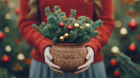 A woman dressed in a cozy red sweater stands holding a decorative pot filled with evergreen branches and gold ornaments. A beautifully adorned Christmas tree is visible in the background.の素材