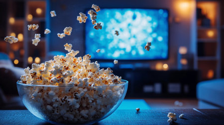 A bowl of fluffy popcorn sits in the foreground while a television emits a warm glow, creating a cozy atmosphere perfect for a movie night. Soft lights enhance the inviting space.の素材