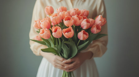 A person stands indoors while gently cradling a vibrant bouquet of pink tulips. The soft lighting highlights the flowers' delicate petals, creating a warm atmosphere.の素材