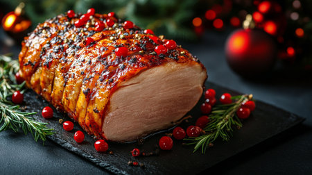 A succulent pork loin roast is presented on a dark platter, adorned with fresh berries and herbs, perfect for a holiday feastの素材