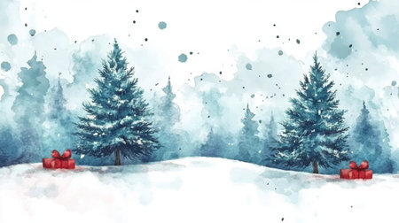 Two evergreen trees stand amidst a snowy landscape, adorned with red berries. The serene setting captures the essence of winter in a tranquil forest.の素材