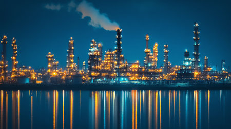 The skyline showcases a bustling industrial area illuminated by bright lights as smoke billows from tall chimneys at twilight. The reflective water enhances the captivating view of the factories.の素材