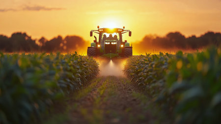A tractor equipped with a spray system applies treatment to vibrant green crops in a large field under clear skies. The agricultural work promotes healthy growth and pest control.の素材