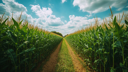 A golden field stretches across the landscape, showcasing freshly plowed rows under a colorful sunset. The sky is filled with puffy clouds, creating a serene rural atmosphere.の素材