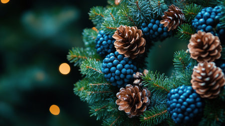 A beautifully crafted winter wreath features pinecones and vibrant blue berries, surrounded by lush evergreen foliage. Soft lights add a warm glow, creating a festive atmosphere.の素材