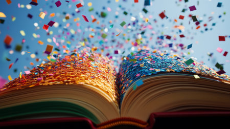 An open book rests on the ground, surrounded by vibrant confetti that dances in the air, creating a joyful atmosphere on a sunny day. The scene exudes celebration and creativity.の素材