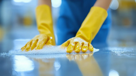 A blue bucket filled with colorful cleaning brushes rests on a table in a sunlit garden, droplets of water sparkling in the light. The scene conveys a sense of freshness and readiness for cleaning.の素材