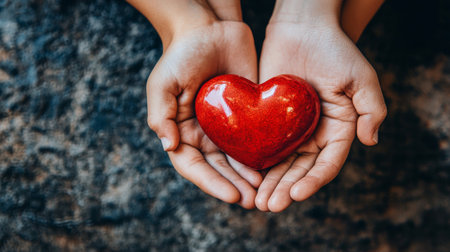Two hands come together to cradle a vibrant red heart, symbolizing love and connection, against a rustic, textured background that adds warmth to the moment.の素材
