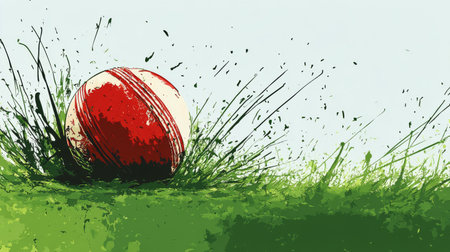 A red and white cricket ball is seen hitting the lush green grass, creating a splash of dirt and grass in bright daylight, evoking a sense of action during a game.の素材