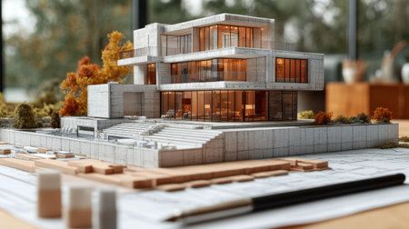 A detailed model of a contemporary luxury house sits on a table surrounded by architectural blueprints and natural elements, capturing a creative design process in an indoor setting.の素材