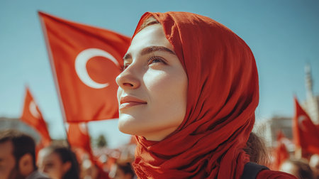 A Turkish flag proudly flutters in the gentle evening breeze, with a stunning sunset illuminating the Istanbul skyline and casting silhouettes of minarets against a vibrant sky.の素材