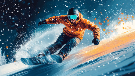 A skilled snowboarder in an orange jacket and black helmet carves through fresh powder, creating a spray of snow while gliding down a sunlit slope in the mountains.の素材