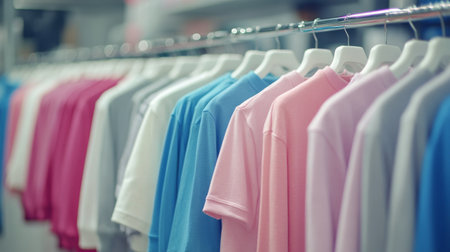Rows of neatly arranged T-shirts in pastel colors cover the clothing rack, showcasing shades of pink, blue, and white. The shop interior is bright and inviting for shoppers.の素材