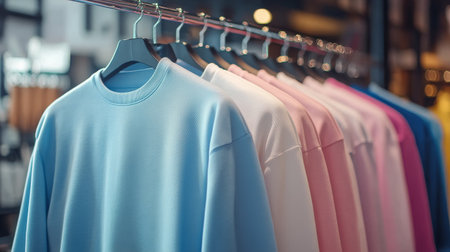 Rows of neatly arranged T-shirts in pastel colors cover the clothing rack, showcasing shades of pink, blue, and white. The shop interior is bright and inviting for shoppers.の素材