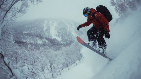 A skier carves through fresh powder snow at dusk, sending up sprays of snow while speeding down a slope, with tall evergreens framing the backdrop under a cloudy sky.の素材