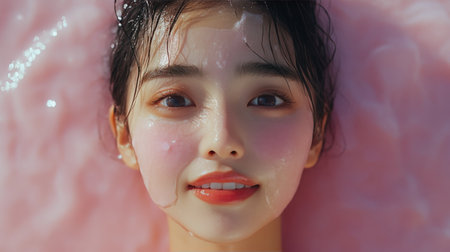 The young woman, wrapped in a soft pink towel and head wrap, smiles warmly while seated in a tranquil spa environment filled with soft lighting and calming colors.の素材