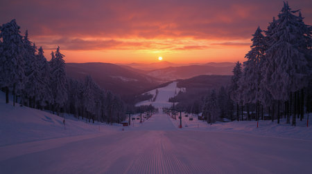 As the sun rises, it casts a warm glow over the white snow covering the ski slope. Tall pine trees line the path, creating a peaceful winter landscape ready for skiing.の素材