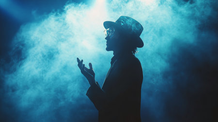 A suited performer stands with arms outstretched, illuminated by blue spotlights. Smoke swirls around as he engages the audience at an evening event, creating an atmosphere of suspense and excitement.の素材