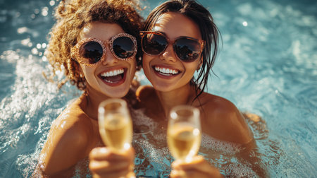 Two friends happily hold champagne flutes while standing in a sparkling pool with palm trees in the background under clear blue skies. Their smiles capture a perfect moment of joy.の素材