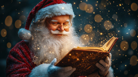 A jolly Santa Claus stands outdoors, cradling a vintage pocket watch as soft snowflakes fall around him, creating a magical atmosphere during the festive Christmas season.の素材