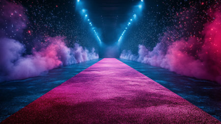 Vibrant purple lights illuminate an empty stage, setting the mood for an upcoming performance in a theater. The beams create an energetic atmosphere, inviting anticipation from the audience.の素材